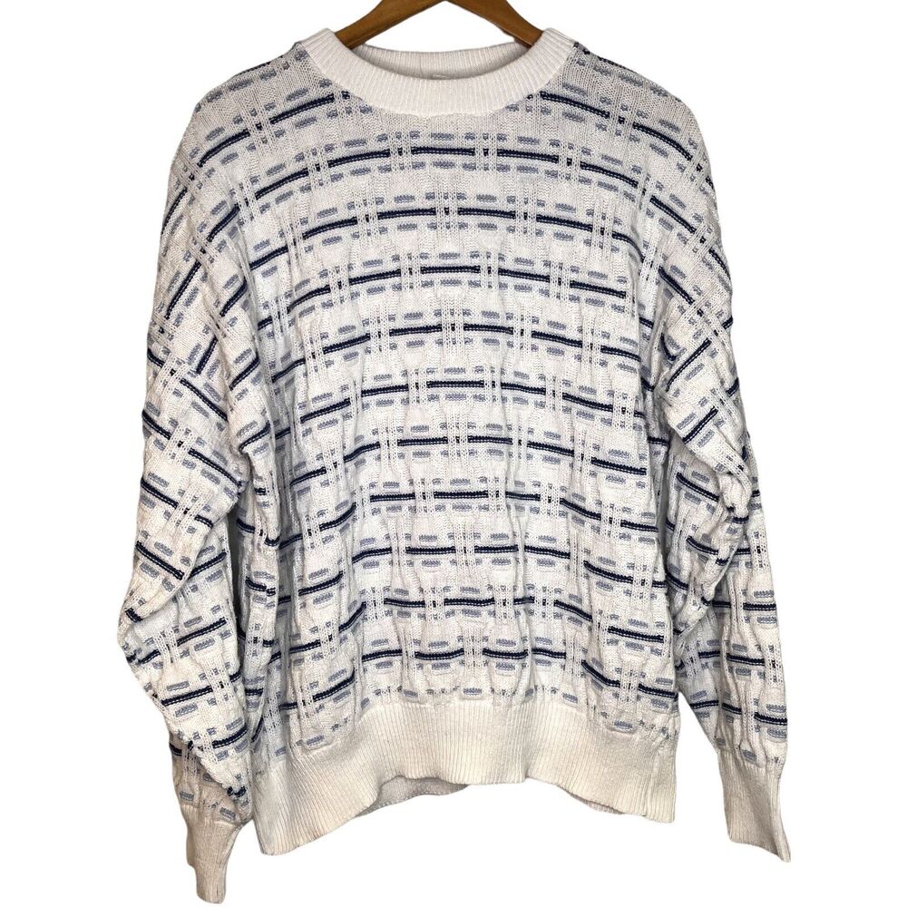 Vintage Mens America Spirit Blue White Knit Textured Cotton Sweater size xl